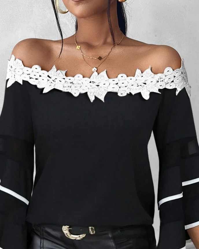 Fashion Woman Blouse 2024 Spring Contrast Lace Bell Sleeve Off Shoulder Casual Plain Long Sleeve Daily Basics Top Y2K Clothes