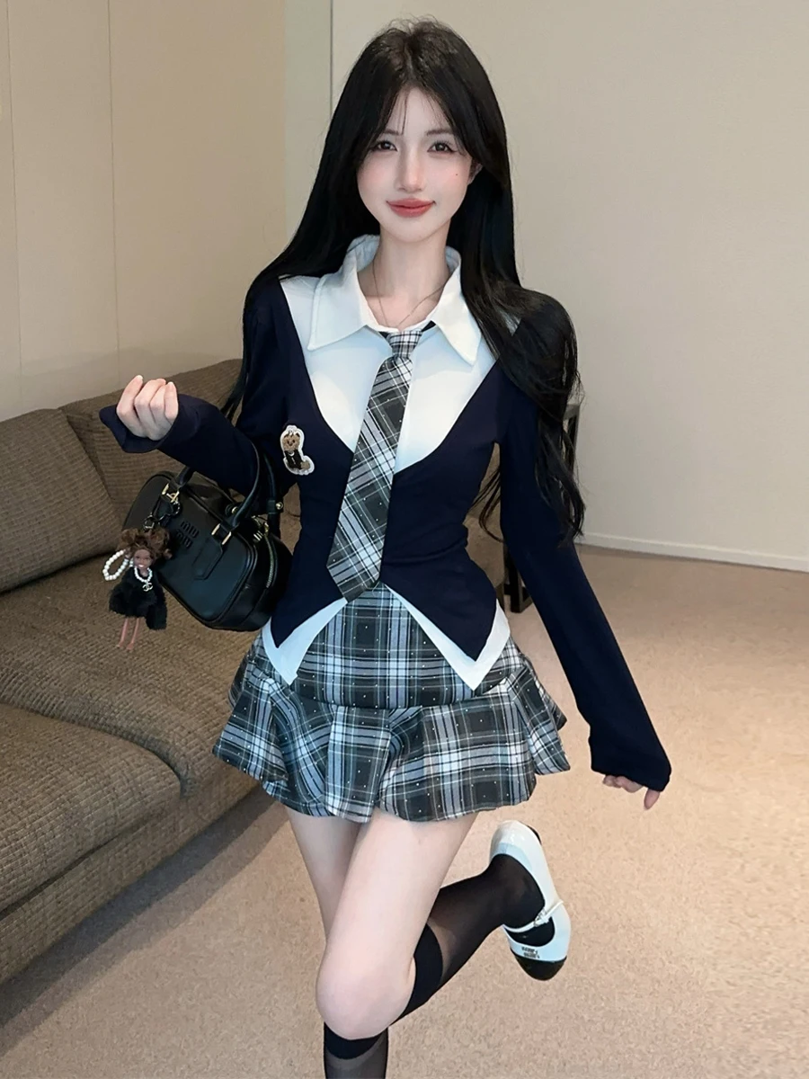 Sexy Spicy Girl High Waist A-Line  Skirt Set with Long Sleeve  Shirt And Tie Irregular Plaid Pattern for Women