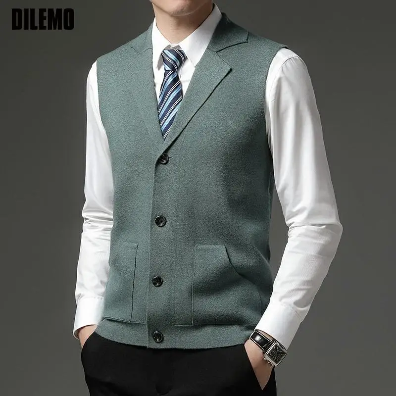 DILEMO Waistcoats Level 4 Super Anti-pilling Top Grade Pleuche Lapel Fashion Brand Knit Cardigan Casual Sweater Vest Sleeveless