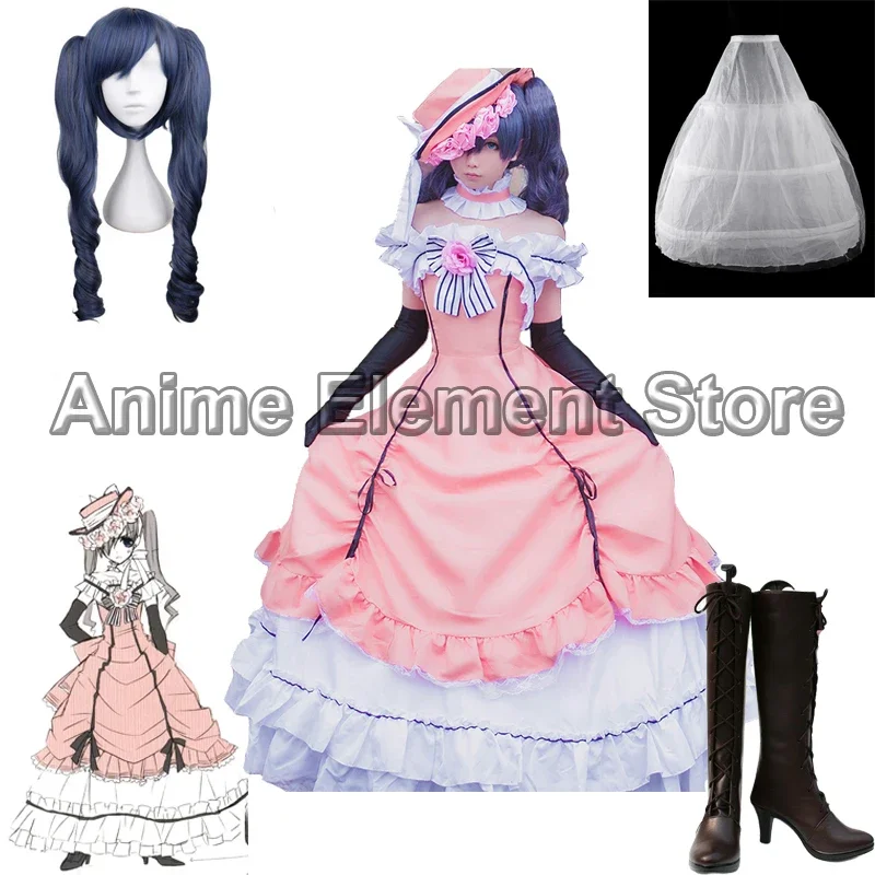 FC6Anime Black Butler Ciel Phantomhive Cosplay Dress Boots Wig Kuroshitsuji Women Lady Lolita Maid Dresses Uniform Cosplay @FC8！