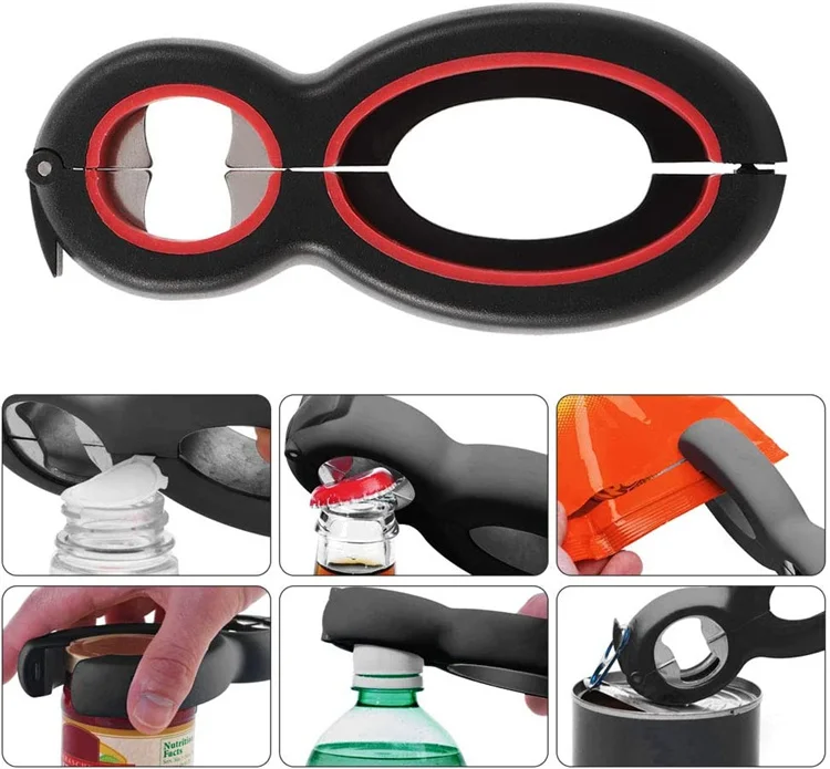 LMETJMA Multifunctional 6 in 1 Can Opener Simple Beer Bottle Opener Jar Gripper Can Beer Lid Twist Off Opener JT05