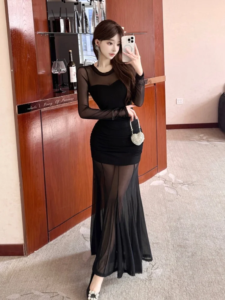 

Сексуальное длинное платье, осень-зима, новинка Sle Pure Desire, облегающая юбка в сетку со средней талией, длинное све, женское платье