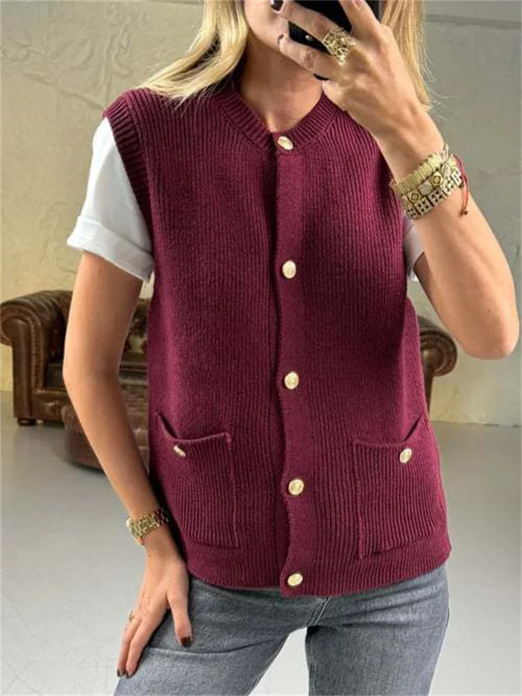 Cárdigan suelto informal para mujer, sin mangas, acanalado, corto, con bolsillos, top para el día a día, cárdigan liso para mujer