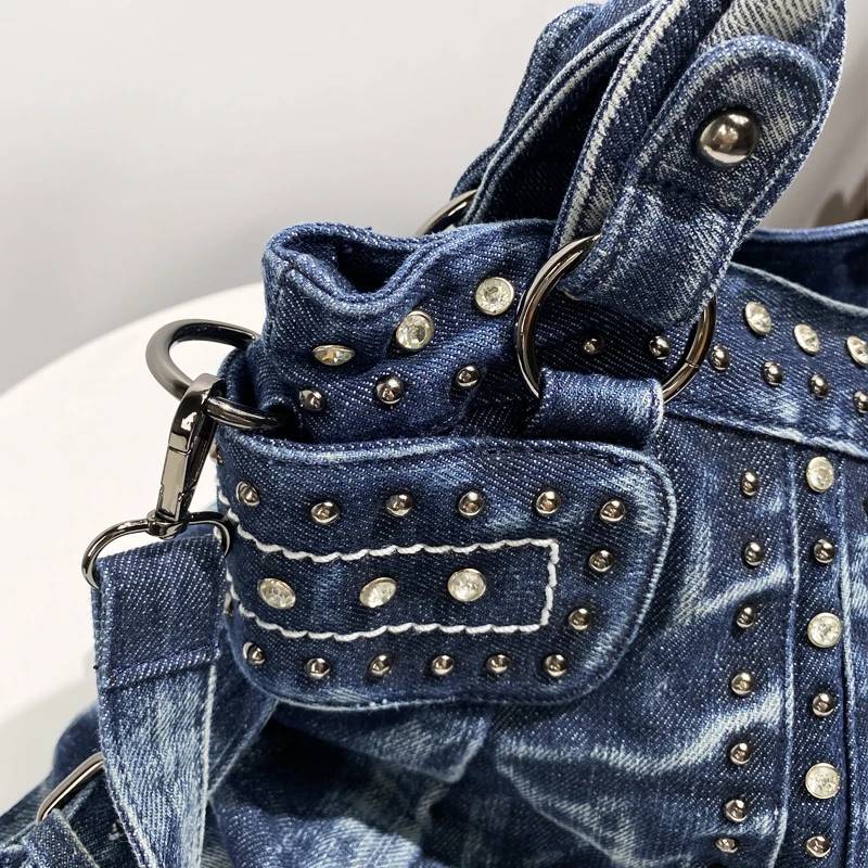 Large Capacity Denim Cloth Tote Bags For Women Luxury Designer Handbag Purse 2024 New In Mosaic Rivet Imitation Diamond Shoulder