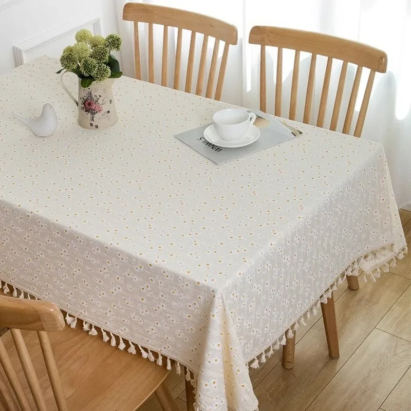 Ins-style pure cotton pastoral fresh beige daisy tablecloth, cotton-linen fabric with small floral patterns, Japanese-style