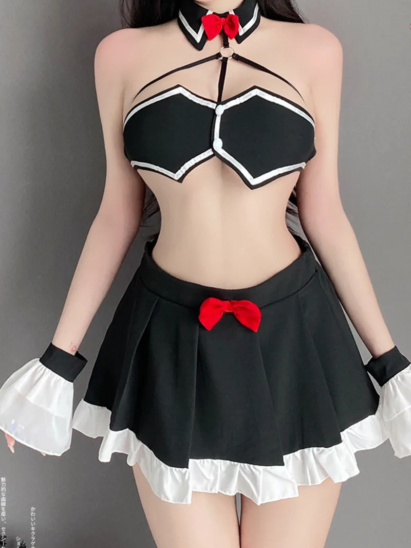 Small Chest Sexy Maid Uniform Skirt Set Seductive Passionate Sweet Cute Romantic Passion Elegant Sheer Charm Bowknot Cute RY94