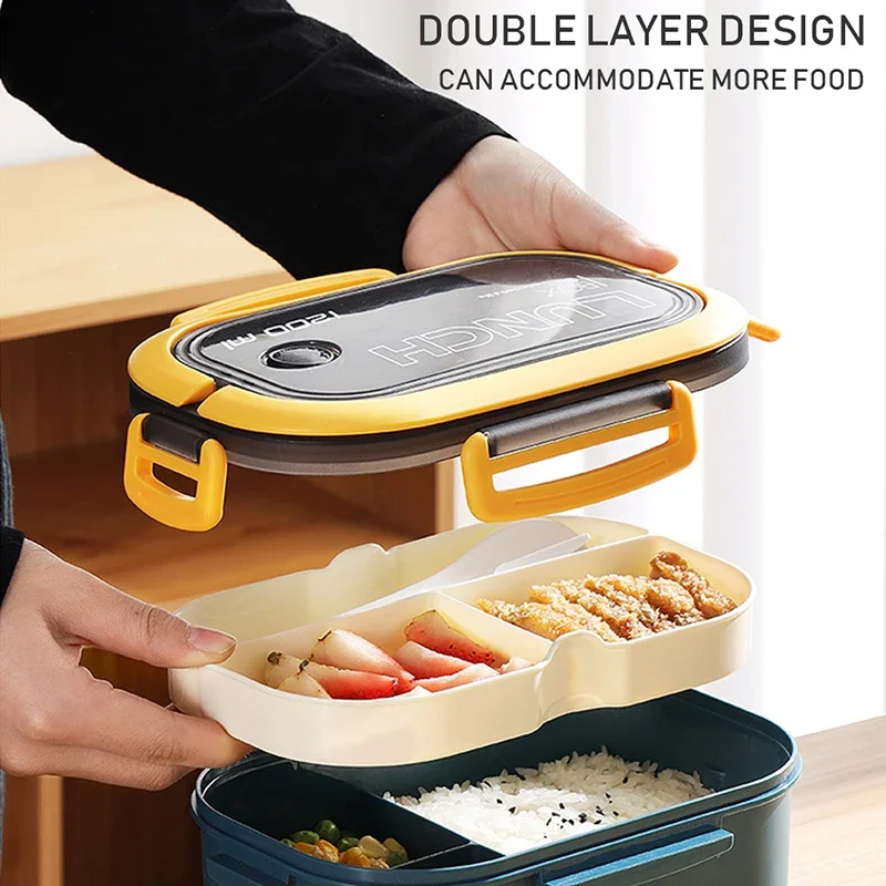 1pc Bento Box Lunch Box Double Layered Lunch Box With Spoon & Fork High Capacity Food Containers Leakproof Eco-Friendly BPA