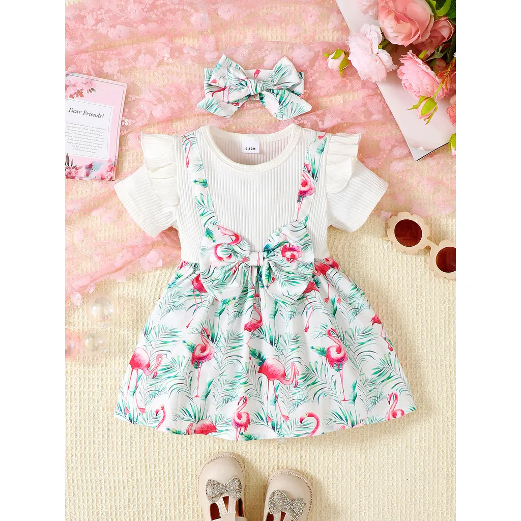 

2PCS Toddler Girl Dress Summer Short Sleeved Flamingo Print with Bow Dress+Headband Infant Girl Daily Clothing for 0-3 Years