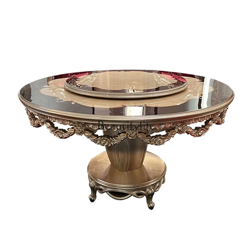 

*French solid wood round dining table light luxury small apartment high-end European gold foil color