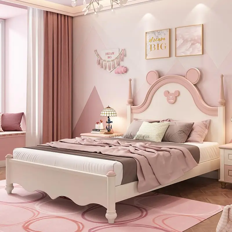 Girl Princess Single Bed In Pink Modern Simple Angel Children Bedroom Furniture With Tables 1.2m1.5m Solid Wood Bed For Kids