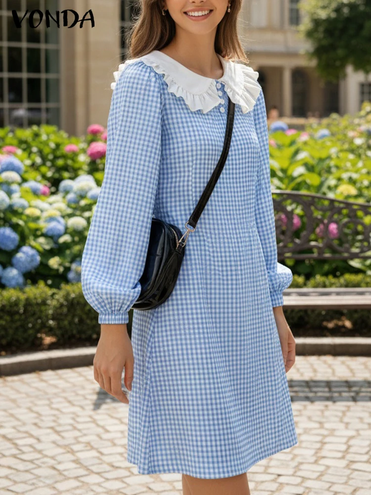 ชุดเดรสสั้นเซ็กซี่แฟชั่นผู้หญิง VONDA ปี 2025 ลายสก็อต สำหรับฤดูใบไม้ร่วงและฤดูใบไม้ผลิ แขนยาว สไตล์ลำลอง คอปกปีเตอร์แพน เหมาะสำหรับงานปาร์ตี้