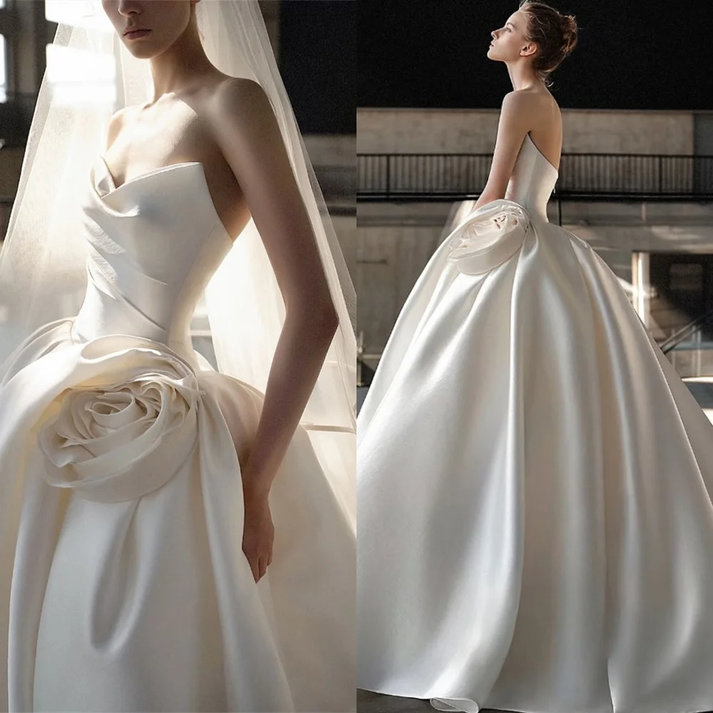 

Customized Luxury Satin Celebrity Gowns Elegant Strapless Sleeveless Evening Dress Exquisite Sweep Train Vestido De Festa