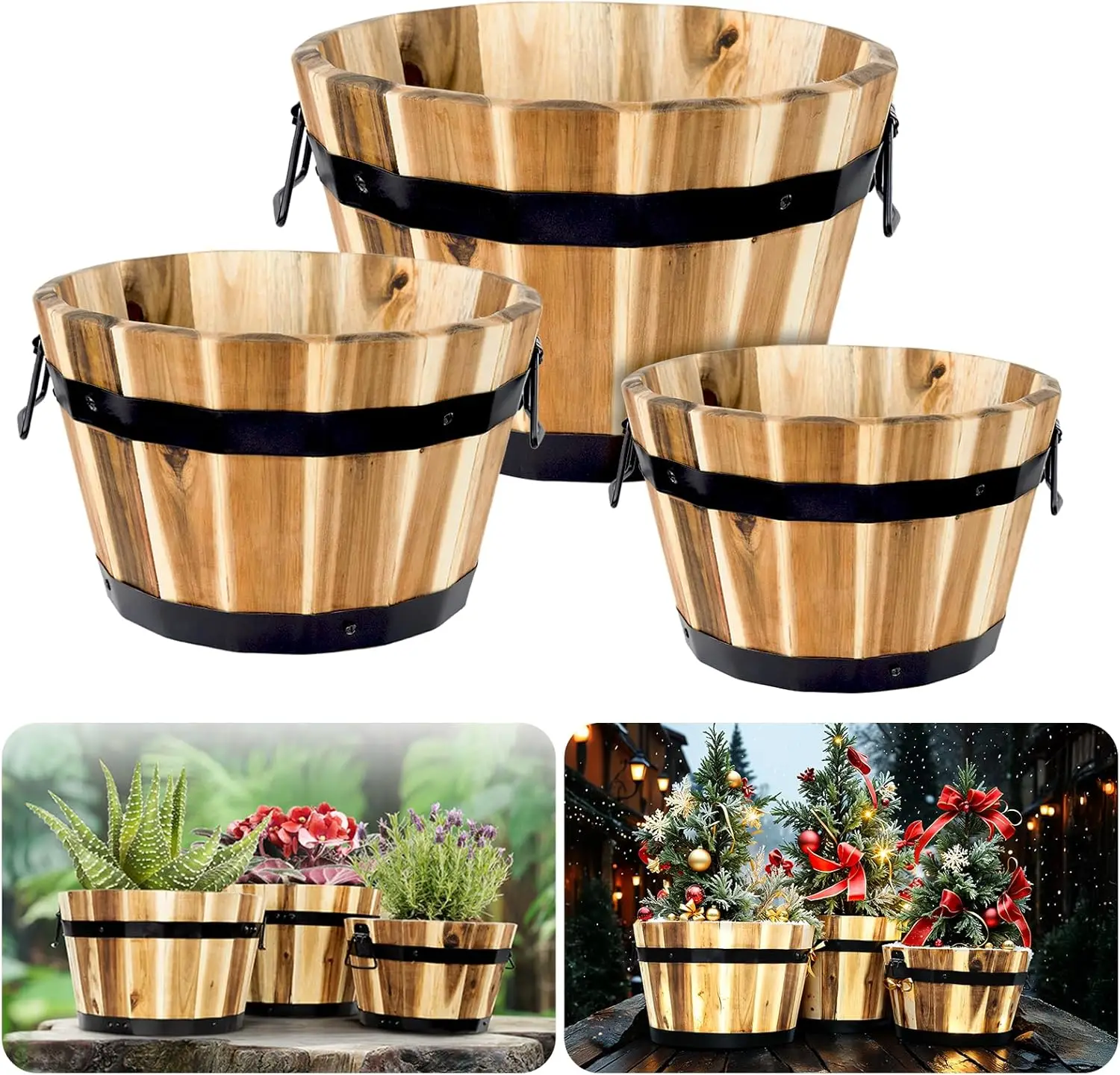 

3-Pack Acacia Wood Flower Boxes Outdoor, Durable Barrel Planters with Handles & Drainage Holes for Home Decor