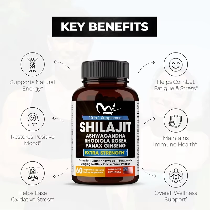 

Shilajit Pure Himalayan contains South African drunken eggplant, Rhodiola, ginseng, nettle for men's supplement