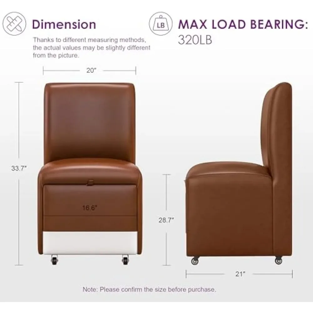 Dining Chair Set of 2 with Casters & Storage, Comfy Modern Rolling Brown Leather Armless Chairs, Upholstered Swivel Dining Chair