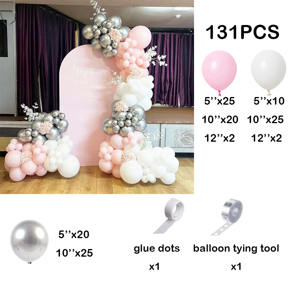 131Pcs Pink Balloons Garland Arch Kit Light Pink White Metallic Silver Balloon Kid Birthday Baby Shower Wedding Party Decoration