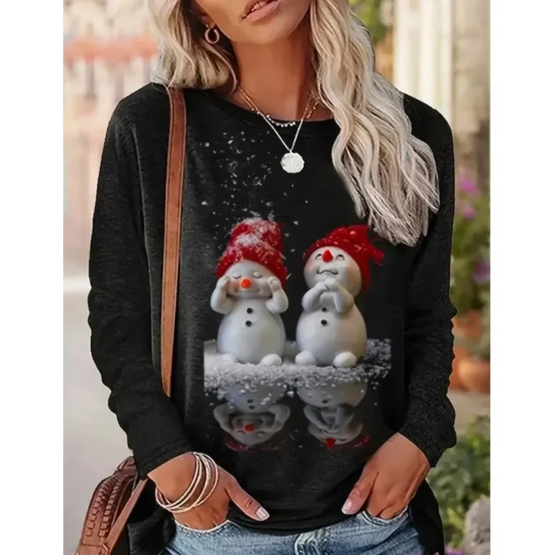 New Women's Top Snowman Printed Round Neck T-shirt Personalized Casual Cute Style Long Sleeve T-shirt Women's Spring and Autumn