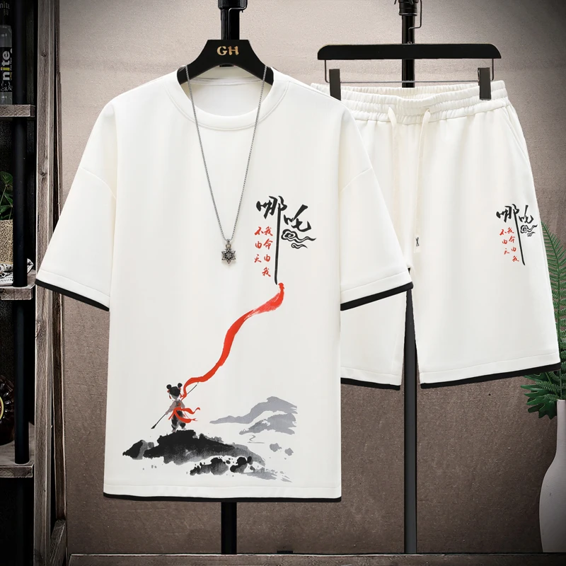 

New Summer Fashion Trendy Printed Ice Silk Sports Short Sleeve T-Shirt Set Men's Casual Loose Fit High Quality Two-Piece Set