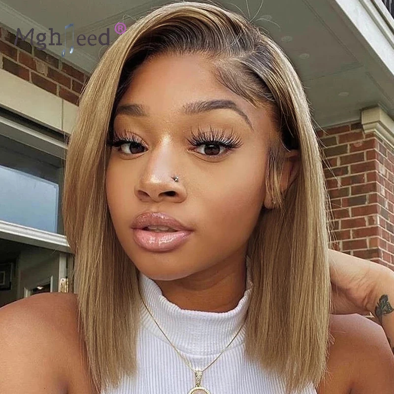 Top Grade Short Bob Wig Ombre Blonde Virgin Brazilian Human Hair 360 Full Lace Frontal Wigs For Women With Baby Hairs