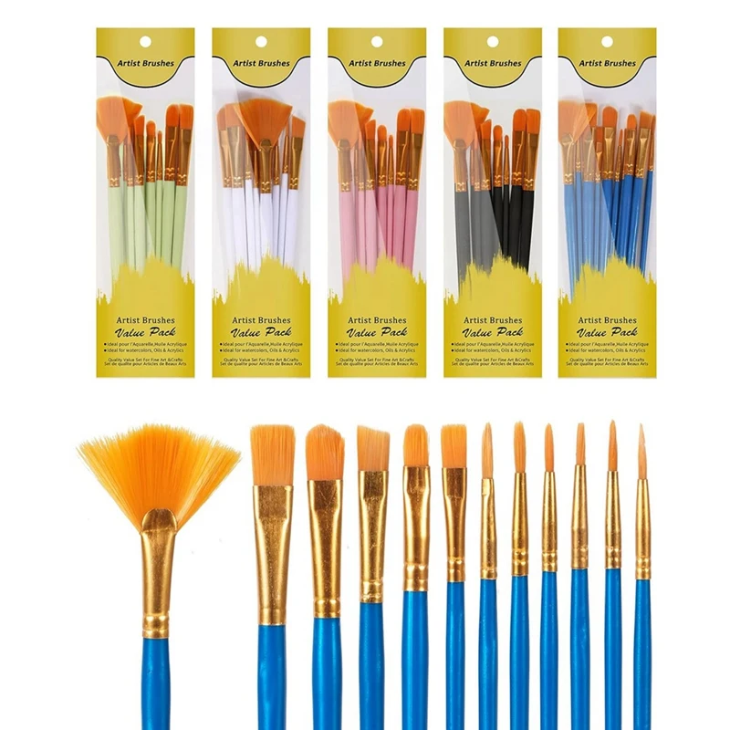 Acrylic Paint Brushes Set, 5 Packs/60Pcs Watercolor Brushes, Nylon Brush Head, For Oil Painting, Gouache