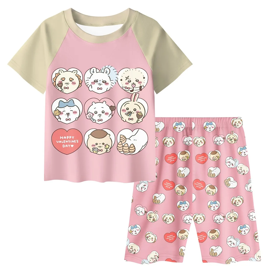 

Pink Chiikawa Thin Round Neck White Short Sleeve Imitation Cotton Pajama Girls Cartoon Pajamas Women's Summer Kids Clothes