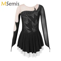 Kid Girls Long Sleeve Figure Skating Dress Teen Shiny Rhinestone Sheer Mesh Tutu Ballet Gymnastics Dance Leotard Dress Dancewear