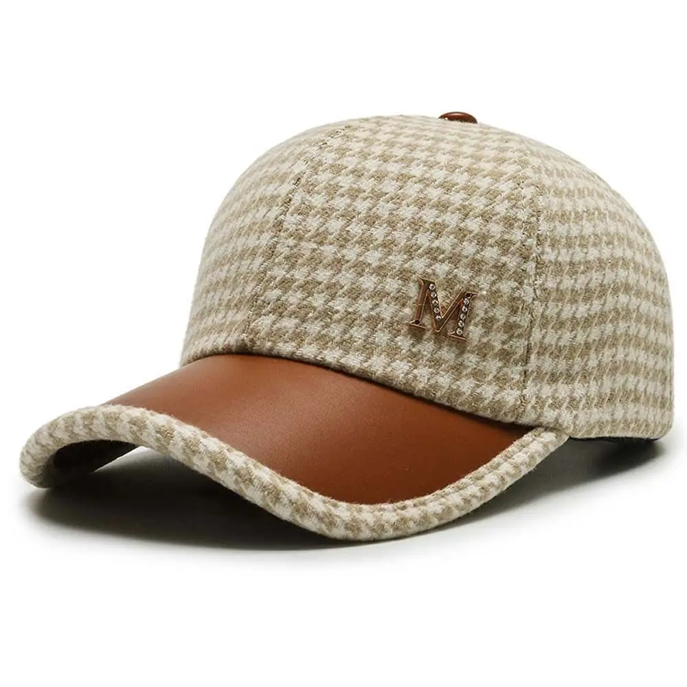 Coffee Gird Pattern Women Hat Metal Buckle Embroider Black Face Cap Houndstooth Baseball Cap Korean Style Hat Pu Leather Brim