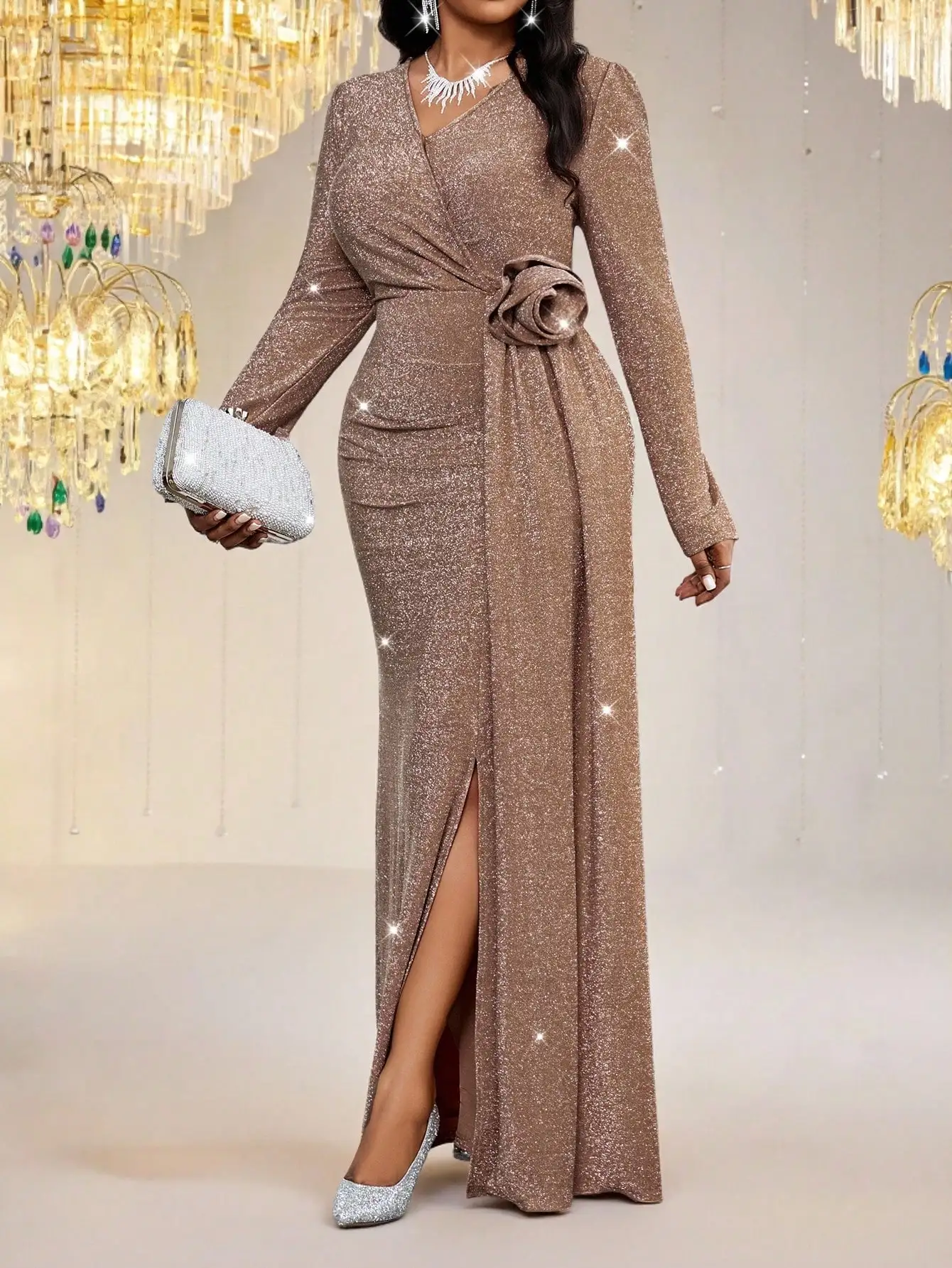 

Shimmering Champagne Wrap Maxi Dress with Side Slit and Floral Knot Waist