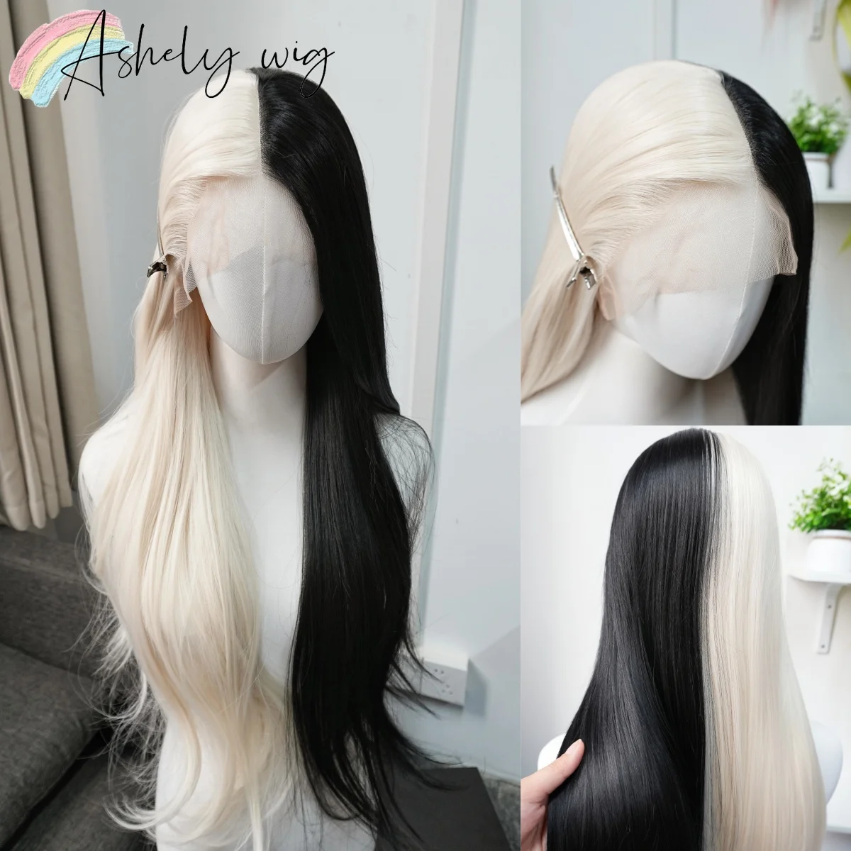 Ombre Wig Half Black Half White 13x4 Lace Front Wig 26inch Long Straight Hair Wig for Cosplay Heat-resistant Synthetic Lace Wigs
