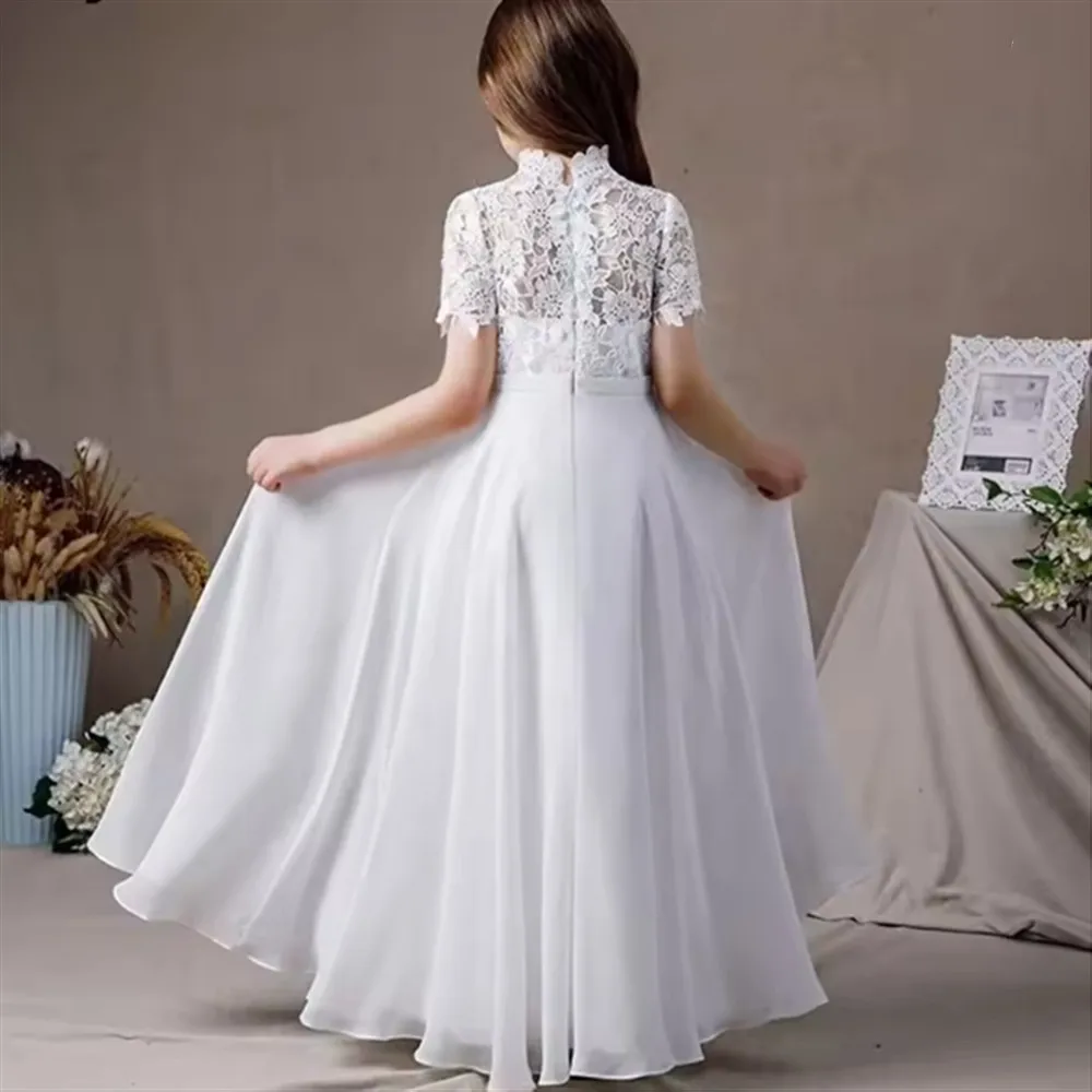 

Elegant Flower Girl Wedding Dress Appliques Lace High Neck Short Sleeves Long Dress Kids Holy First Communion Gown Customized
