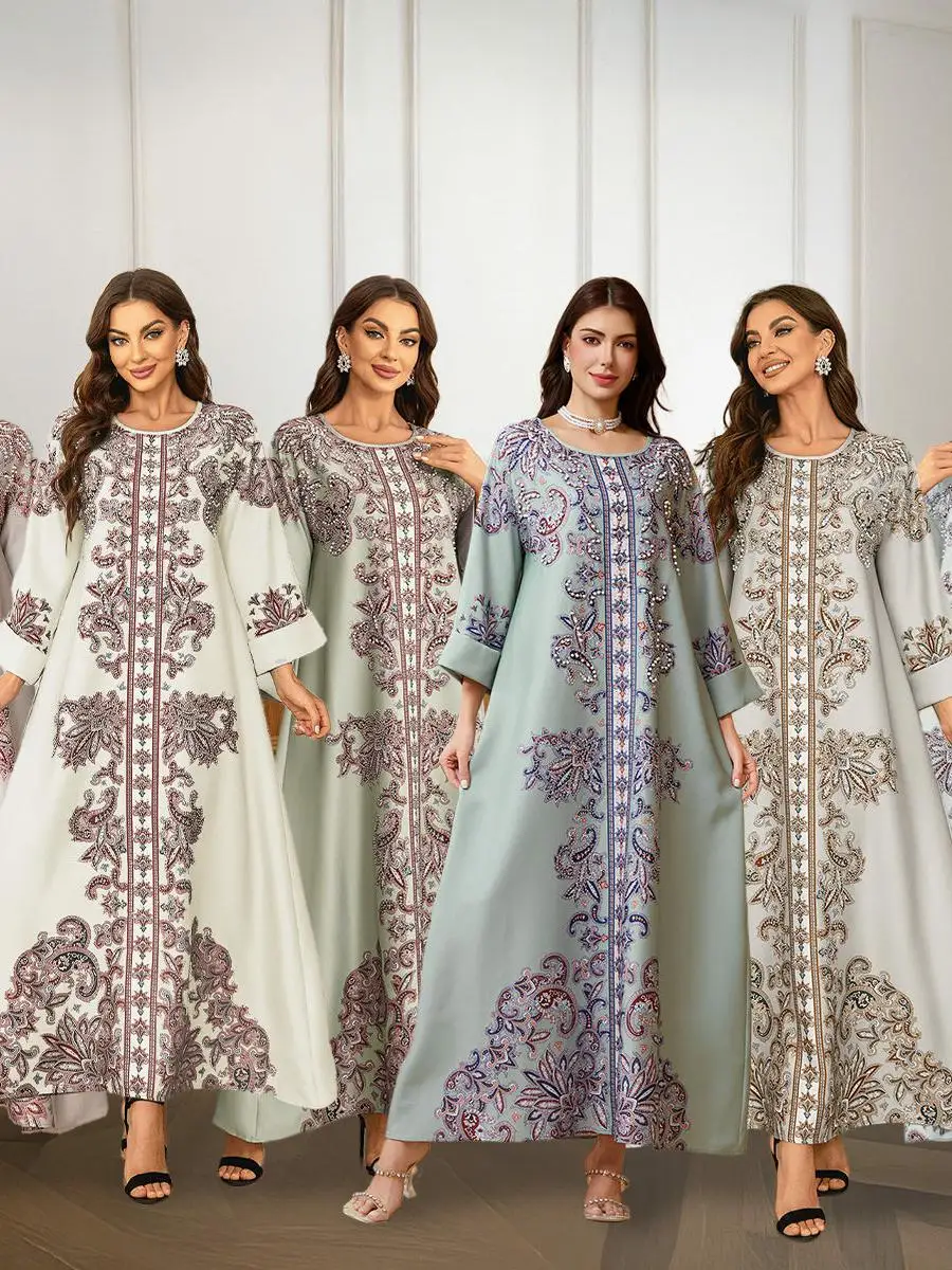

Long Print Gown Dress with Hotfix Rhinestones 2406 Cross-Border Style Summer New Arrival Women's Ethnic Costume Stage Wear