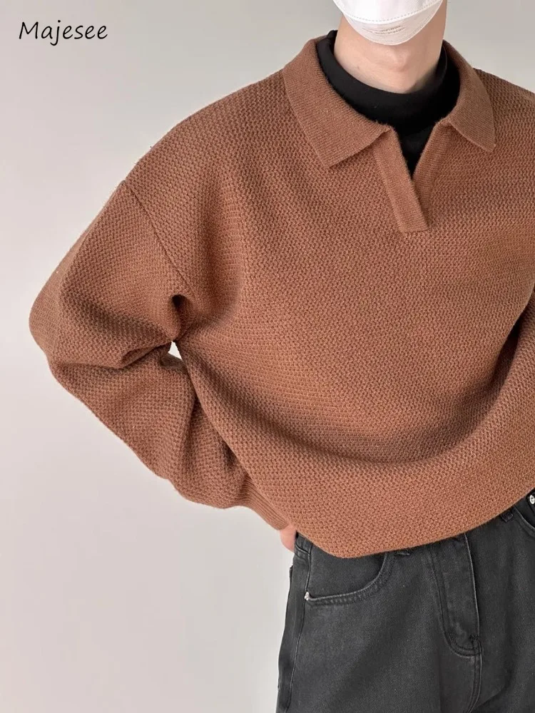 Slouchy High-end Lapel Sweater Men Korean-style Autumn Casual Loose Casual Knitting High Street Solid Pullovers Handsome Daily