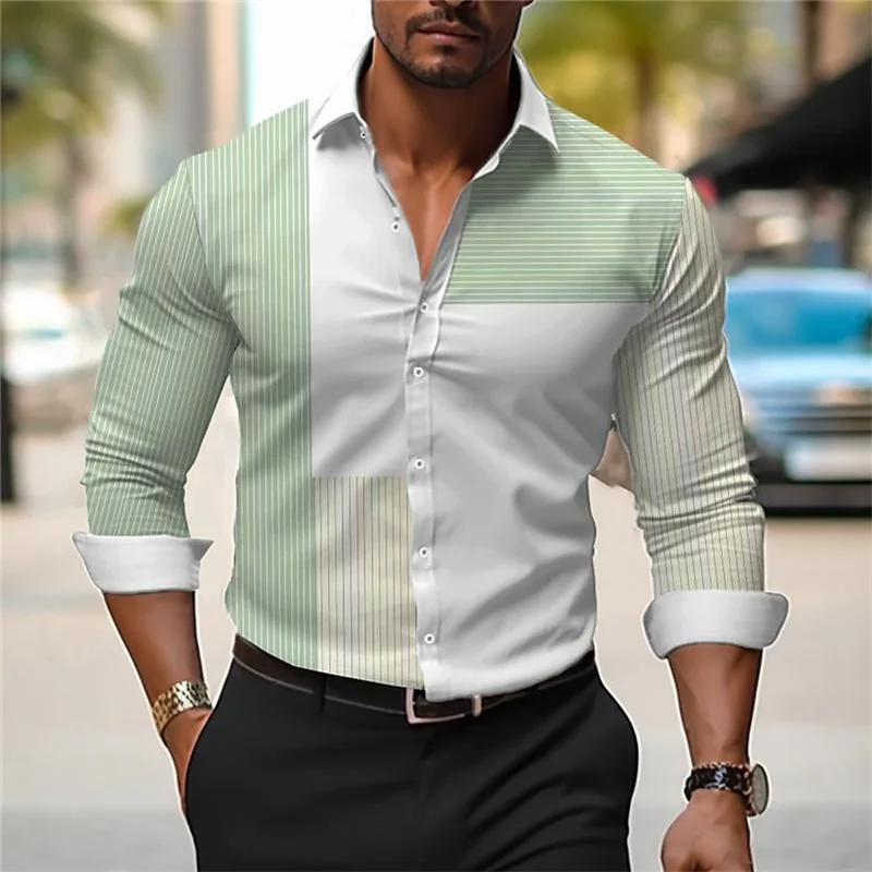 Camicia a quadri linea 3D da uomo Camicia a maniche lunghe con risvolto di alta qualità Camicia sociale da uomo Abbigliamento di lusso Camicia oversize da ballo sottile