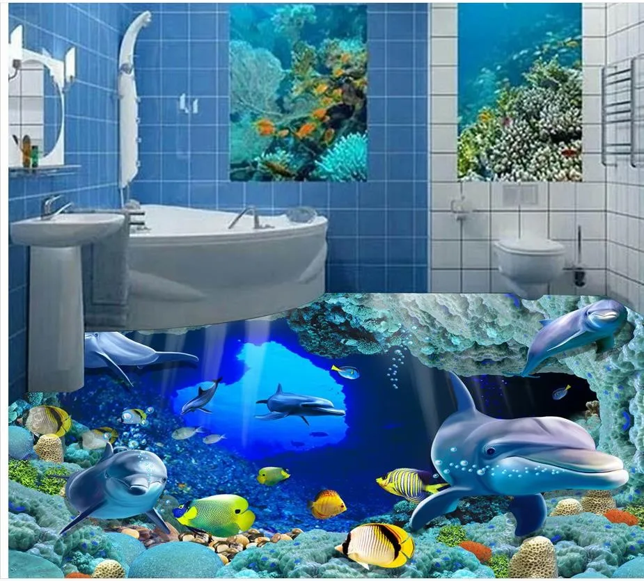 

Underwater World 3D bathroom floor mural PVC waterproof self-adhesive floor 3D wallpaper floor for living room