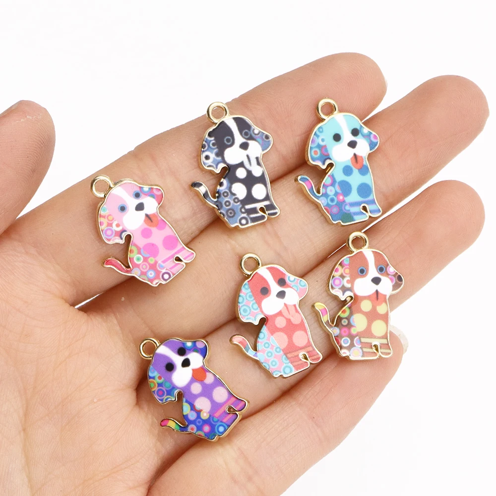 10Pcs Cute Printing Enamel Dog Charm for Jewelry Making Animal Necklace Pendant Diy Accessories Supplies Metal Gold Plated
