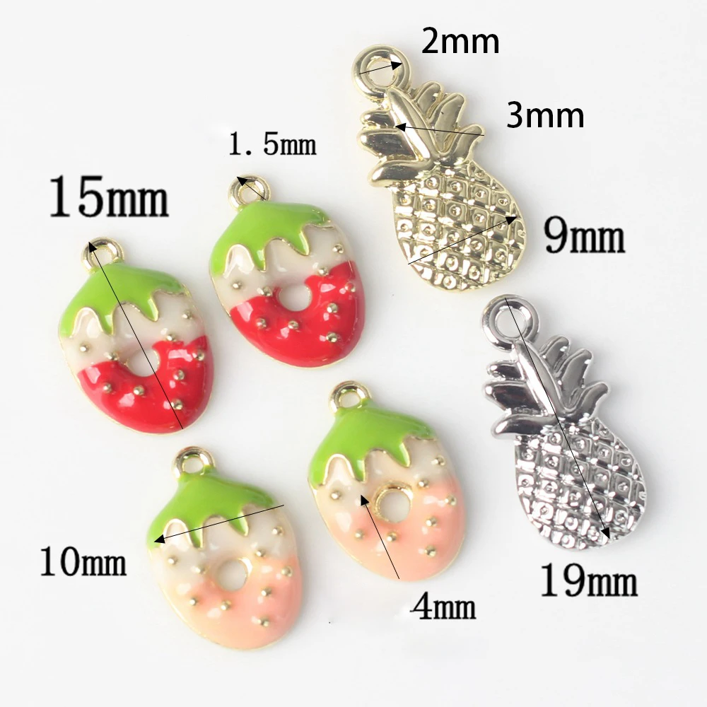 10Pcs/pack Simple Alloy Drip Oil Spray Paint Strawberry Pineapple Pendant DIY Bracelets Necklaces Jewelry Accessories