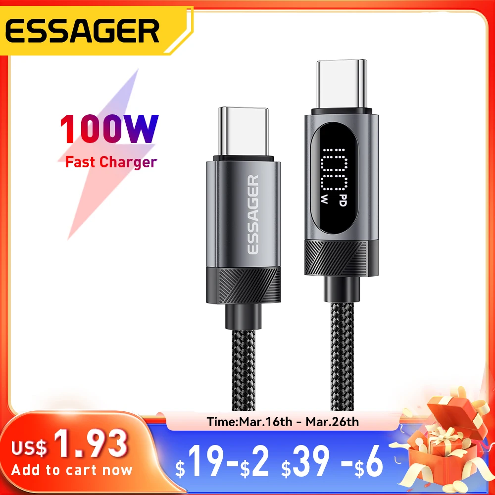 Essager Digital Dispaly USB C Cable For iPhone 16 15 Xiaomi Huawei 100W PD Fast Charging For Macbook iPad Type C to Type C Cable