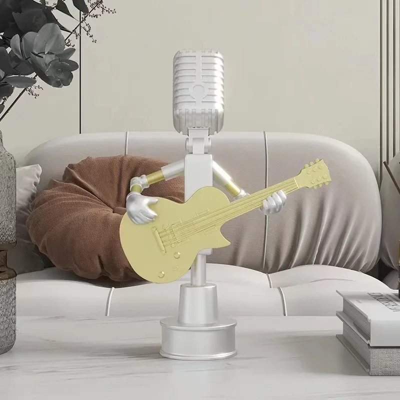 

Industrial Robot Decor, Microphone Guitar Figurine, Hand-Painted Resin Display, Unique Accent for Home Office Spaces