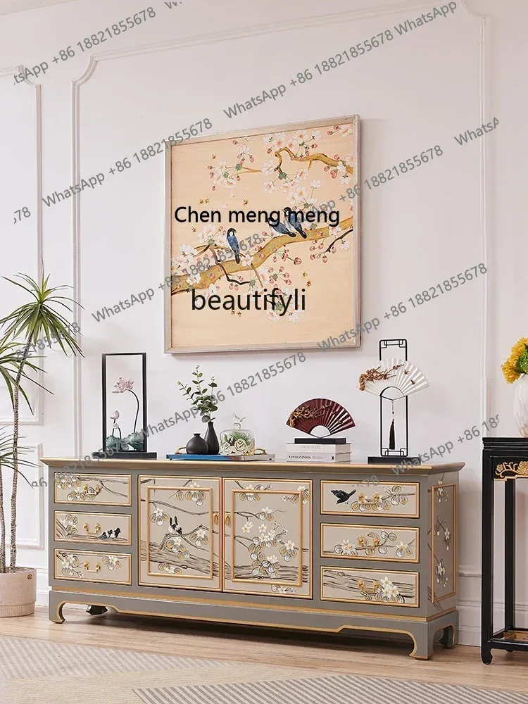 

X A Affordable Luxury Style French New Chinese Style Hand Drawn Flowers and Birds Solid Wood Porch Dining Side Locker