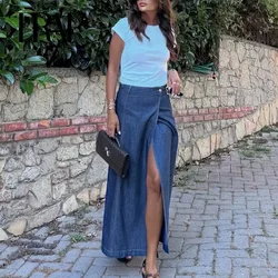 TRAF Pareo Denim Skirt Woman Blue Jeans Long Skirt Women Summer High Waist Slit Skirt Y2k Streetwear Eleganckie spódnice damskie