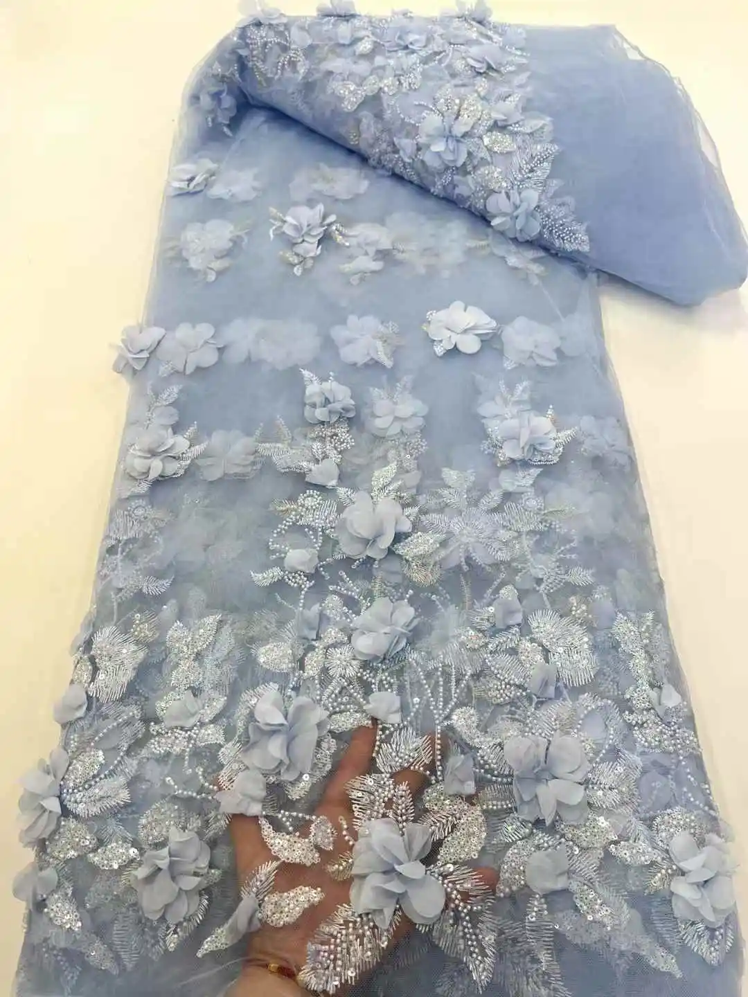 High-quality African Nigerian Elegant 3D Embroidered Fabric French Tulle Lace Fabric With Sequin For Party Wedding