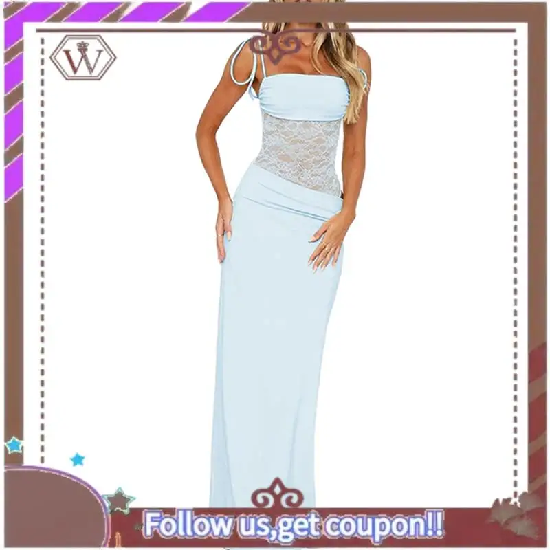 A95D-Vestido largo ajustado sin mangas con cuello cuadrado y corte empalmado de encaje para mujer con corsé transparente