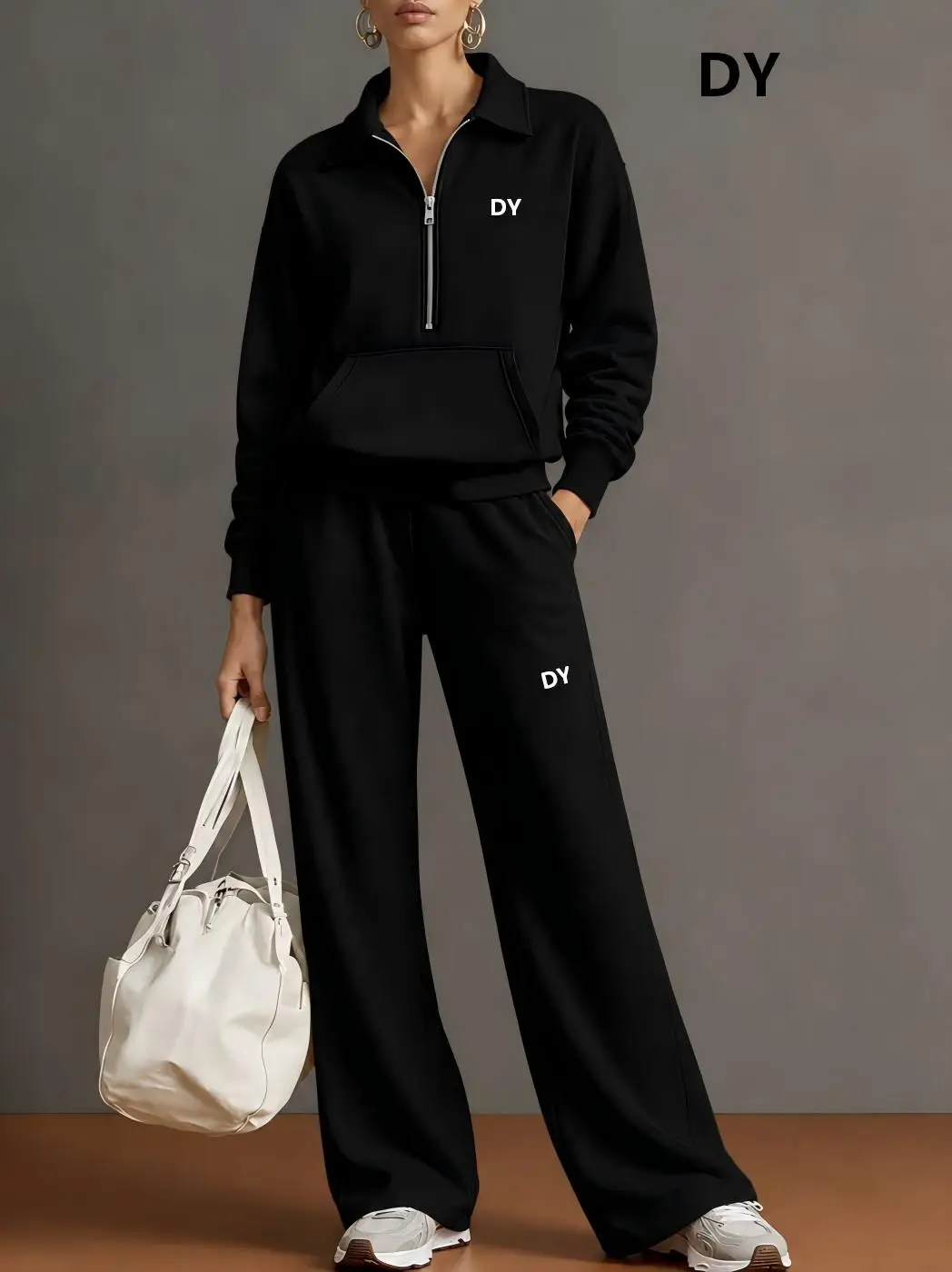 2026 European-style V-neck half-open sports outfit for women. Comfortable and loose straight-leg leggings set.
