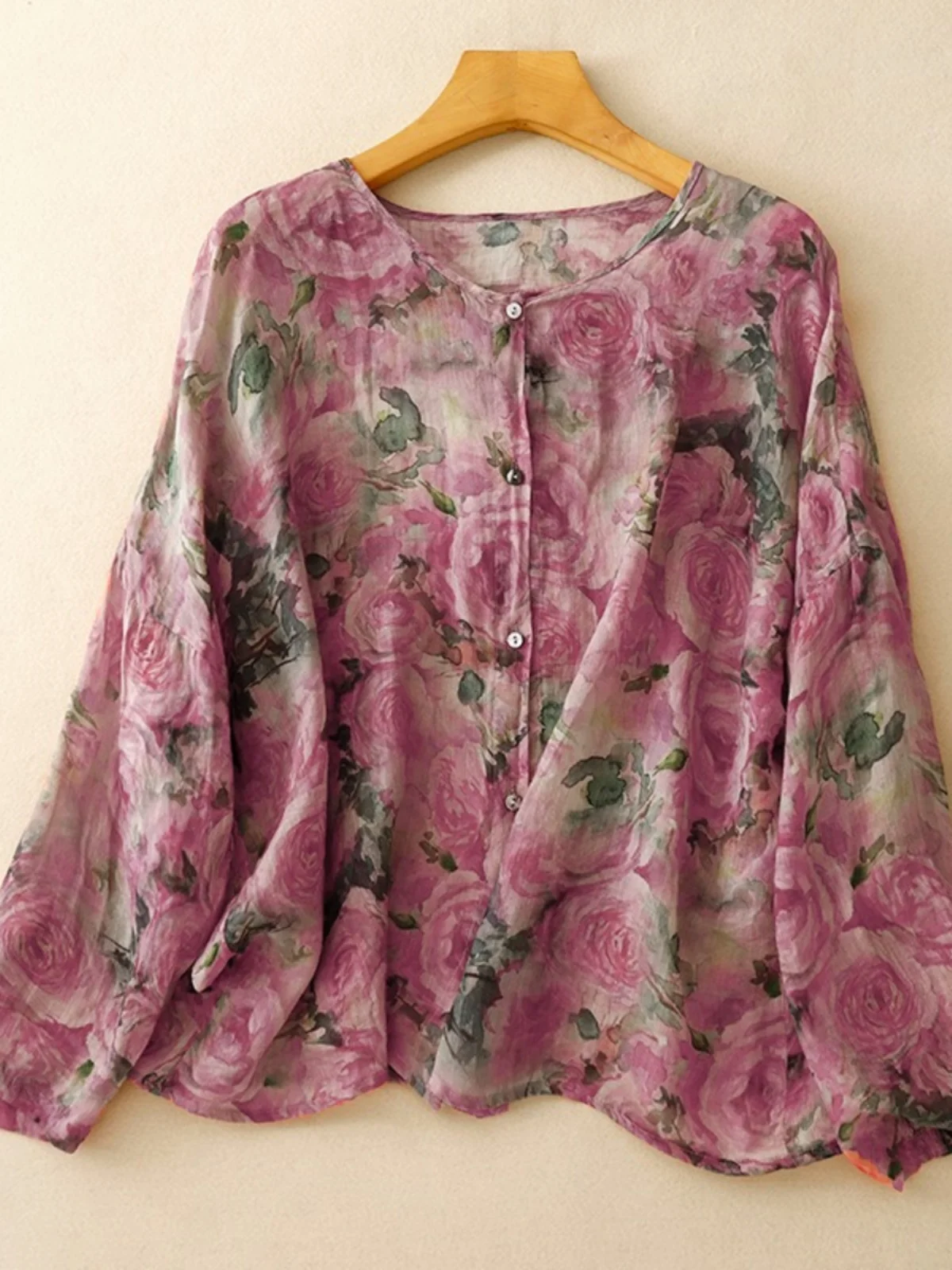 

Retro Floral Print Linen Long Sve irt Women's Early Autumn Loose Slim Fit round Ne Cotton Linen Sun Protection Open Ca...