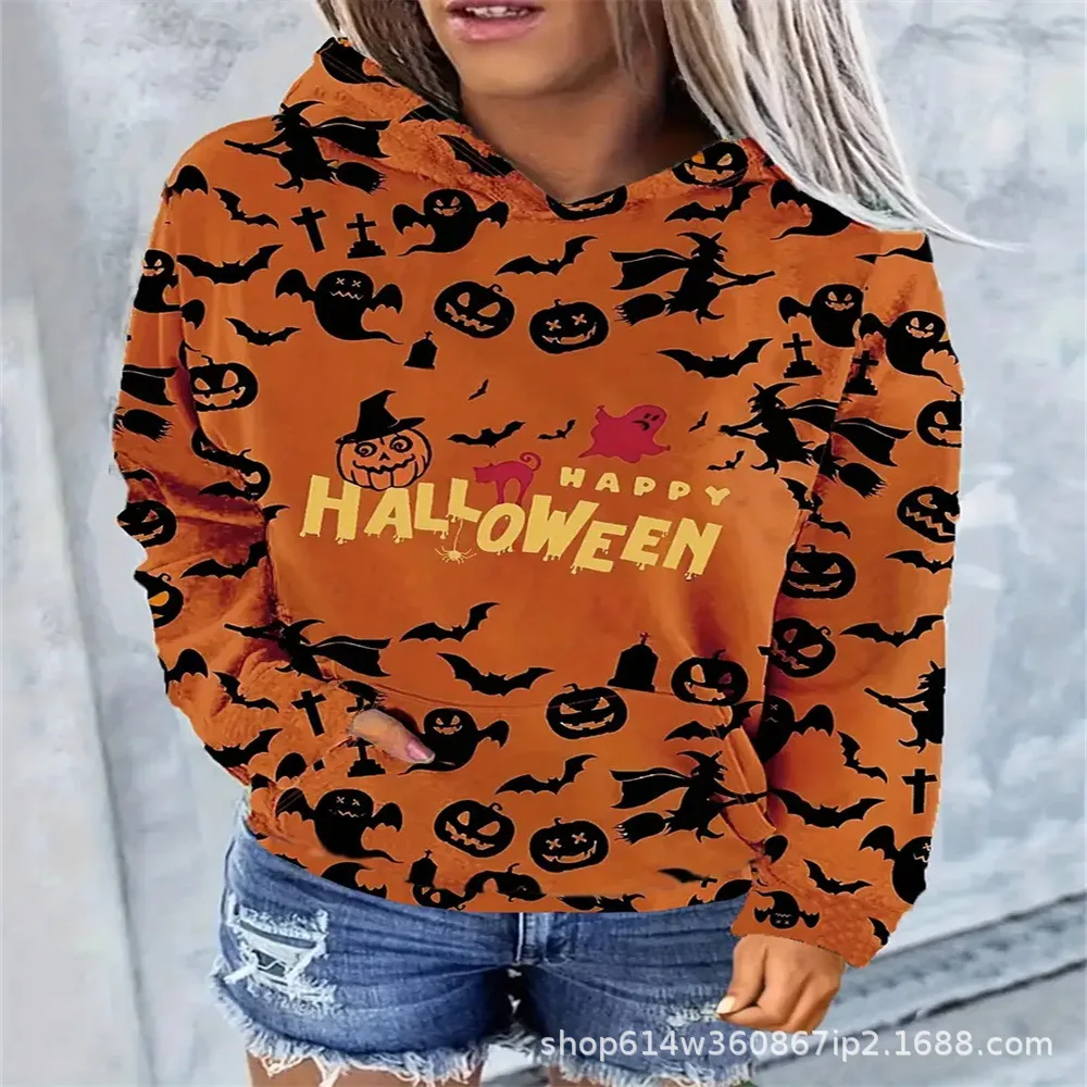 2024 European and American new autumn women's hoodie with Halloween pumpkin pattern 3D printing trendy pullover hooded sweatshir