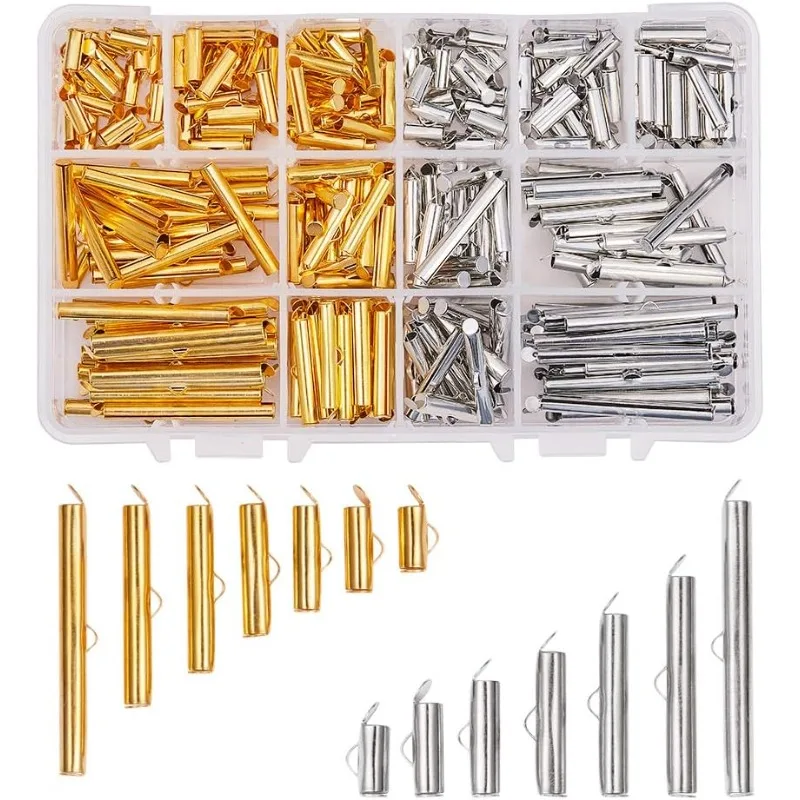 

240pcs Slide On End Clasp Tubes Slider End Caps Crimp End Tube Slider Clasp for Bead Loom Slide Tube End Bar for Multi-Strand
