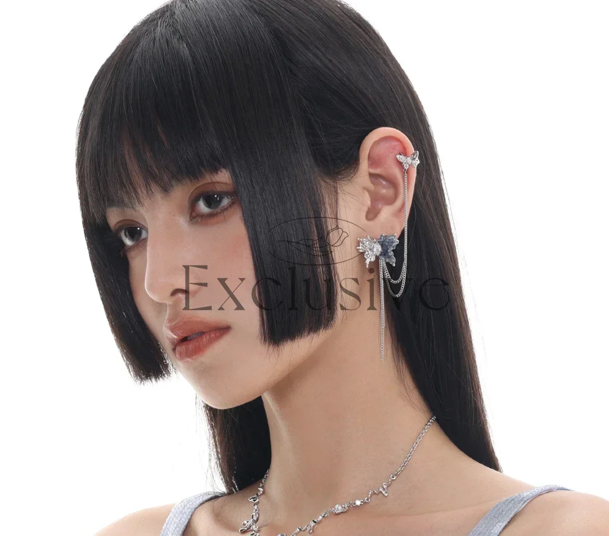 Asymmetrical tassel earrings three-dimensional broken diamonds gradually change Bingyuan butterfly long modified face shape
