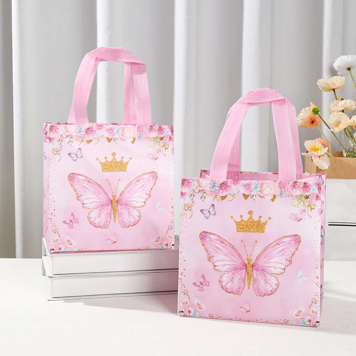 4Pcs Butterfly Flower Pattern Non-woven Gift Bags Portable Candy Pack Handbag Girl Baby Shower Birthday Party Decor Treat Bags