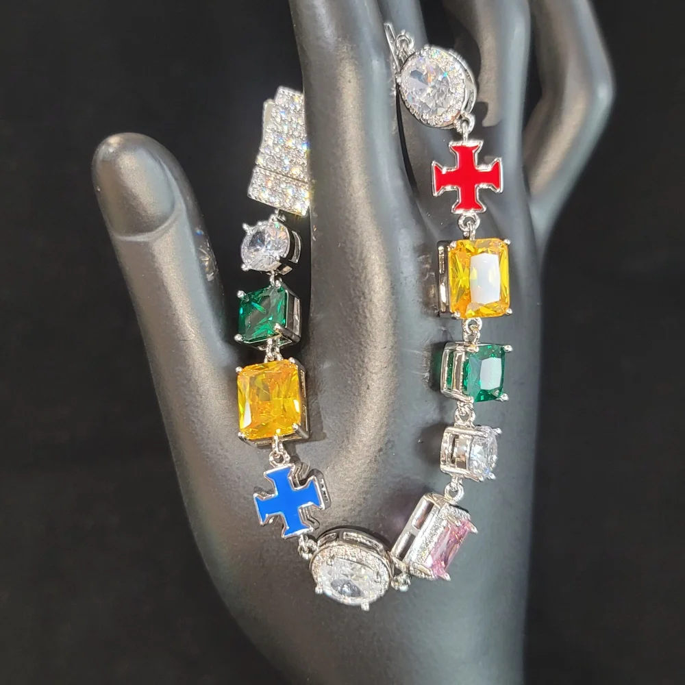 

Iced Out Link Chain Colorful Big Cubic Zircon Bracelet Charm Hip Hop Pendant Necklace For Women Luxury Birthday Gift Accessories
