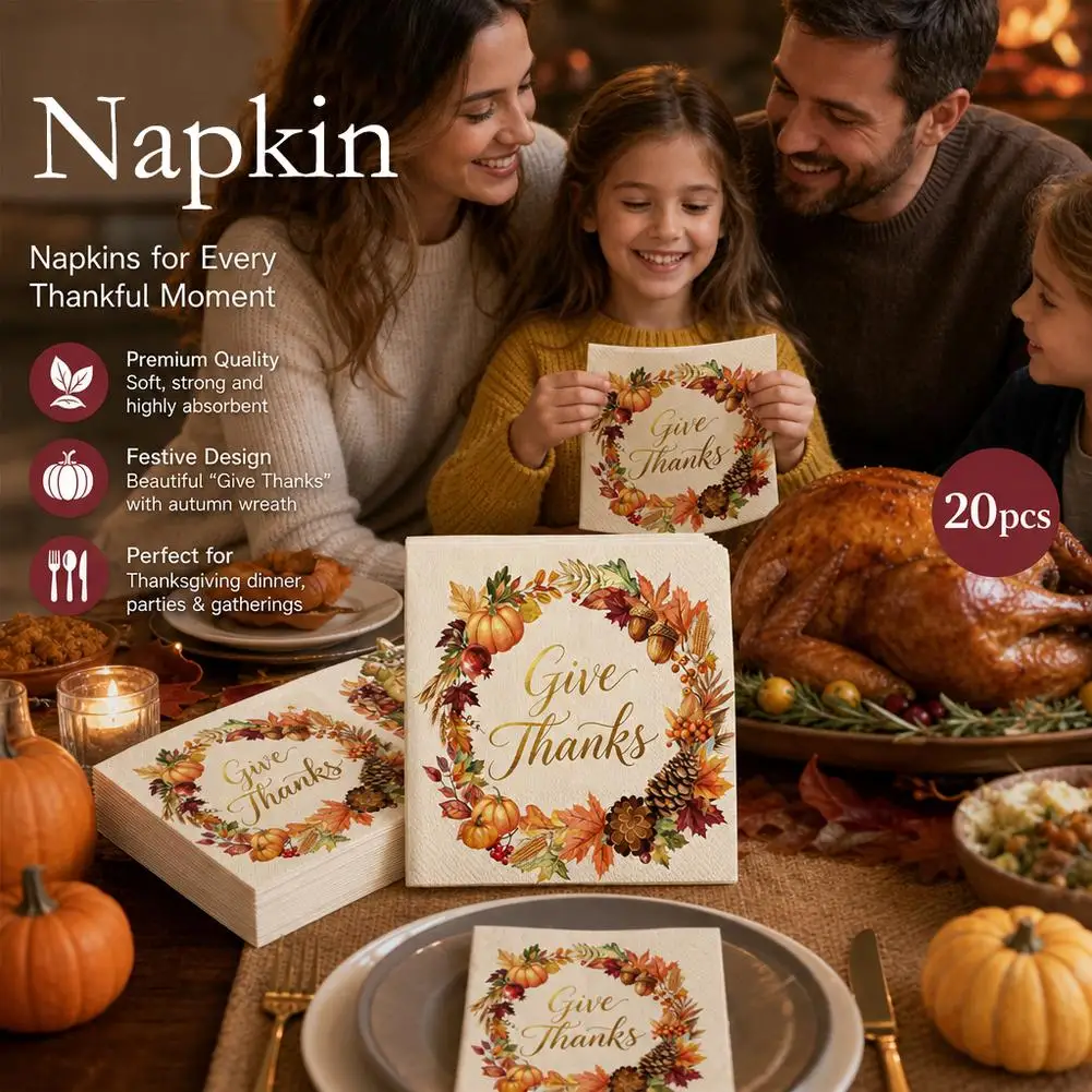 20PCS Autumn Pumpkin Maple Leaf Print Napkins For Banquet Setting Thanksgiving Party Table Decoration Supplies Gifts